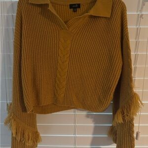 Cozy Mustard V-Neck Sweater with Fringe